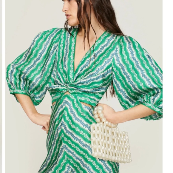 Sandro Agnetta Maxi Dress Cut Out Details 3/4 Sleeve Green Viscose Bias Cut - Picture 8 of 16